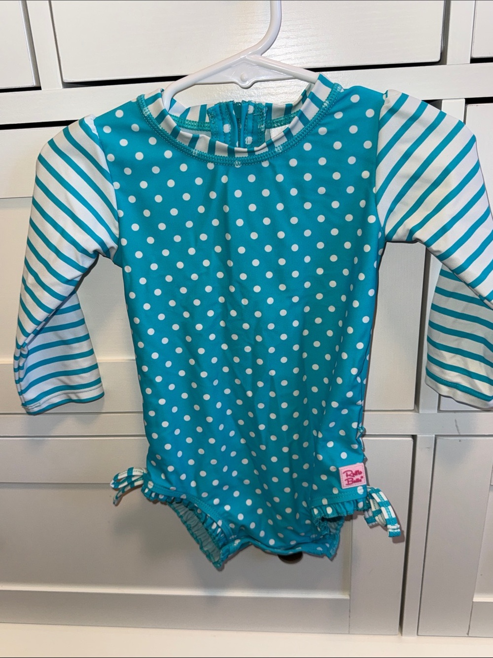 Ruffle Butts Teal and White Polka Dot Long-Sleeve One-Piece